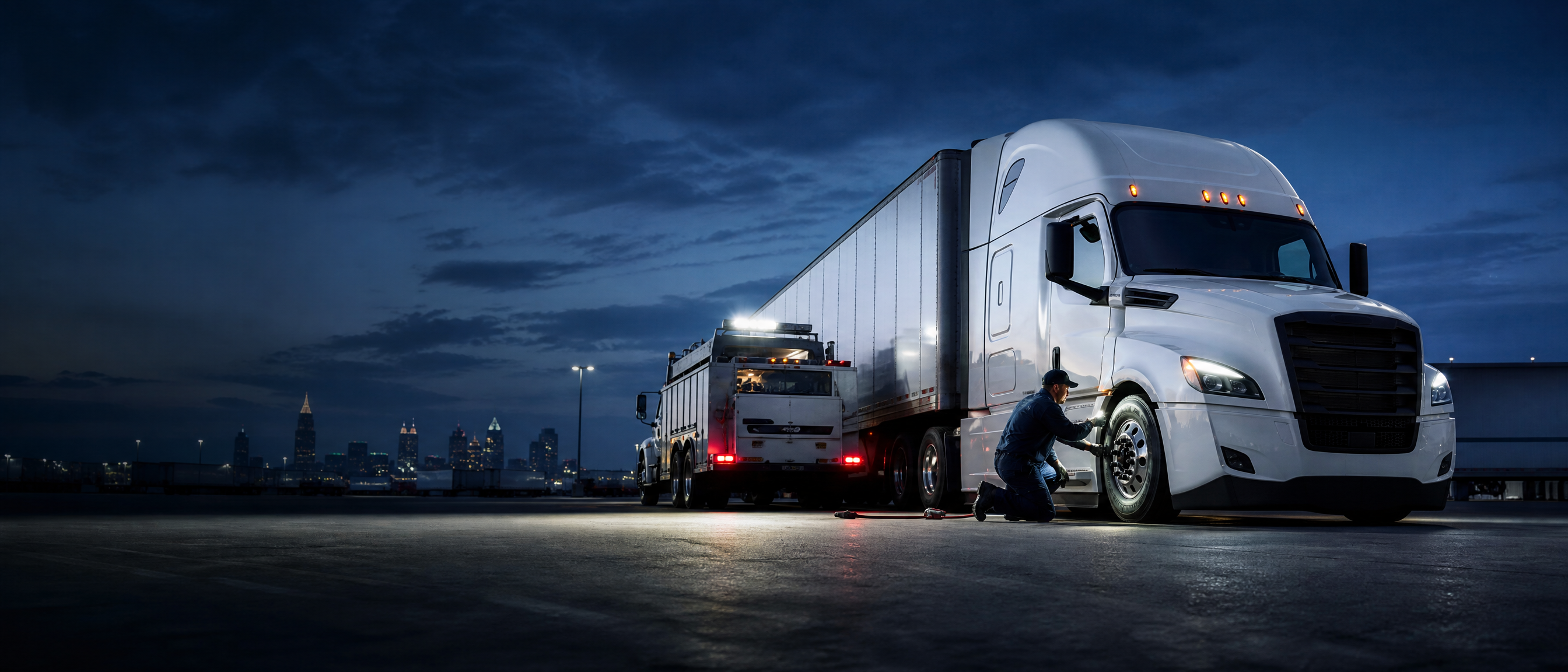 Diesel mechanic near me performing roadside truck repair near me on a Freightliner semi truck at night